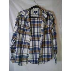 George Men's Plaid Flannel Long Sleeve Button Up‎ Shirt Blue Brown Size Small
